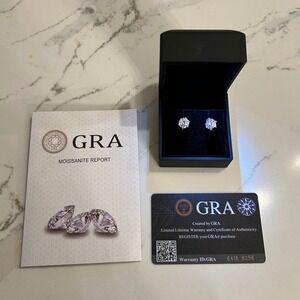 GRA Moissanite Stud Earrings 925 Sterling Silver Round Brilliant LED Box Cert
